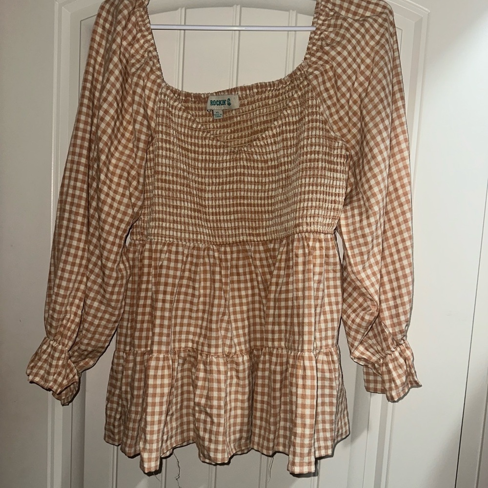 Trendy Beige Gingham Smocked Blouse